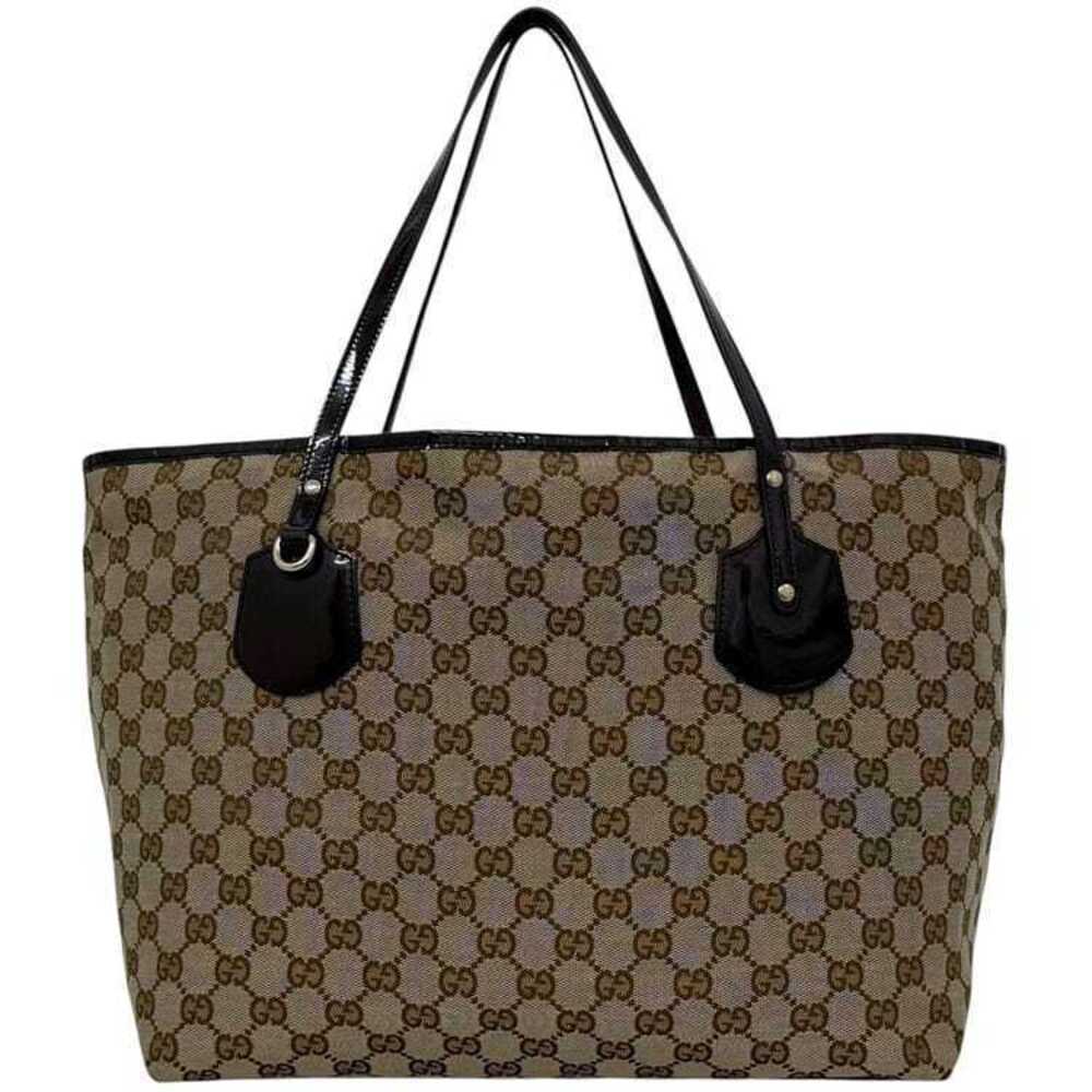 Gucci GG Canvas Leather Tote Bag Beige Tan Purple